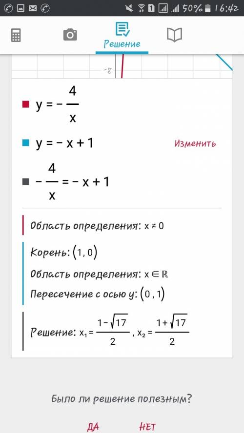 Решите графически уравнение: -4/х = -х+1.