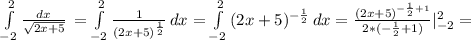 \int\limits^2 _{-2} { \frac{dx}{ \sqrt{2x+5} } } \,= \int\limits^2_{-2} { \frac{1}{ (2x+5)^{ \frac{1}{2} } } } \, dx = \int\limits^2 _{-2} {(2 x+5)^{- \frac{1}{2} } } \, dx = \frac{ (2x+5)^{- \frac{1}{2}+1 } }{2*(- \frac{1}{2}+1 )} | _{-2} ^{2} =