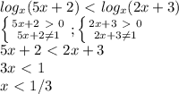 log_x(5x+2)\ \textless \ log_x(2x+3)\\ \left \{ {{5x+2\ \textgreater \ 0} \atop {5x+2\neq1}} \right. ; \left \{ {{2x+3\ \textgreater \ 0} \atop {2x+3\neq1}} \right. \\5x+2\ \textless \ 2x+3\\3x\ \textless \ 1\\x\ \textless \ 1/3