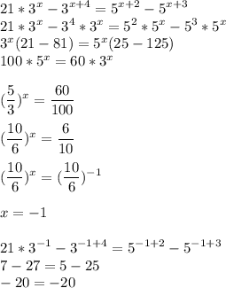 \displaystyle 21*3^{x}-3^{x+4}=5^{x+2}-5^{x+3} \\ 21*3^{x}-3^{4}*3^{x}=5^{2}*5^{x}-5^{3}*5^{x} \\ 3^{x}(21-81)=5^{x}(25-125) \\ 100*5^{x} = 60*3^{x} \\ \\ (\frac{5}{3})^{x}= \frac{60}{100} \\ \\ ( \frac{10}{6})^{x}= \frac{6}{10} \\ \\ ( \frac{10}{6})^{x}=( \frac{10}{6})^{-1} \\ \\ x=-1 \\ \\ 21*3^{-1}-3^{-1+4}=5^{-1+2}-5^{-1+3} \\ 7-27=5-25 \\ -20=-20