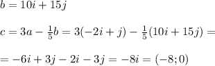 b = 10i +15j \\ \\ c = 3a - \frac{1}{5} b = 3(-2i+j) -\frac{1}{5} (10i+15j) = \\ \\ = -6i +3j -2i -3j = -8i = (-8; 0)