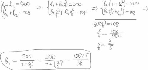 Впрогрессии известно что b1+ b4 = 500; b4 + b7 = 108 найдите первый член данной прогрессии, до завтр