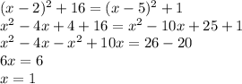 (x-2)^2 + 16 = (x-5)^2 + 1 \\ x^2-4x+4+16 = x^2 - 10x + 25 +1 \\ x^2 - 4x -x^2+10x=26-20 \\ 6x=6\\ x = 1