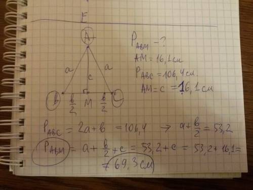 Вравнобедренном треугольнике abc с основанием bc проведена медиана am. найдите периметр треугольника