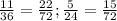 \frac{11}{36} = \frac{22}{72} ; \frac{5}{24} = \frac{15}{72}