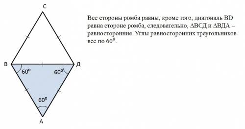 диагонали ромба abcd пересекаются в точке о и диагональ bd равна стороне ромба . найдите угол между