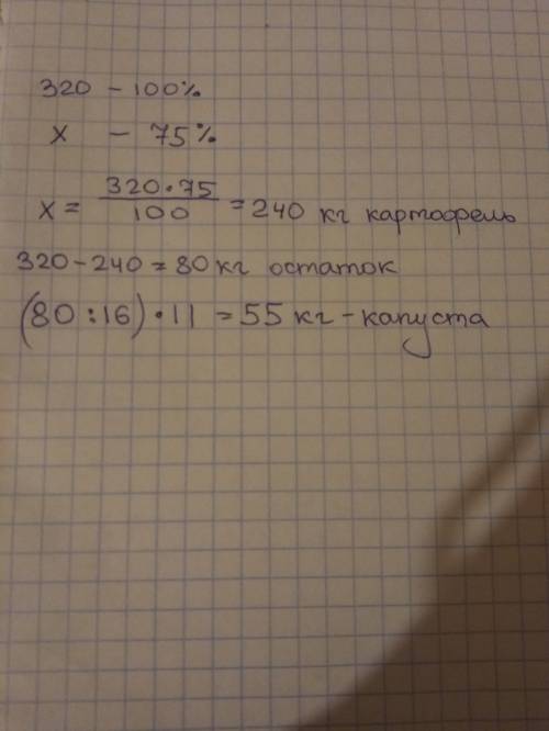 Вовощехранилеще 320 т овощей . 75% овощей составило картофель . а 11/16(дробь) остатка купуста . ско