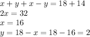 x+y+x-y=18+14&#10;\\2x=32&#10;\\x=16&#10;\\y=18-x=18-16=2