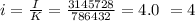 i = \frac{I}{K} = \frac{3145728}{786432} = 4.0 ~= 4