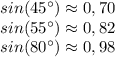 sin(45^{\circ})\approx0,70&#10;\\sin(55^{\circ})\approx 0,82&#10;\\sin(80^{\circ})\approx 0,98