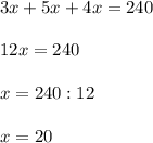 3x+5x+4x=240 \\ \\ 12x=240 \\ \\ x=240:12 \\ \\ x=20