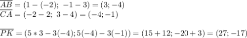 \overline{AB}=(1-(-2); \ -1-3)=(3;-4)\\\overline{CA}=(-2-2; \ 3-4)=(-4;-1) \\ \\ \overline{PK}=(5*3-3(-4); 5(-4)-3(-1))=(15+12; -20+3)=(27;-17)