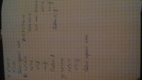 1.квадратное уравнение: а) x²+10=0 в)4x²-9=0 г) 5x²+2x=0 д) 3x²+1=0