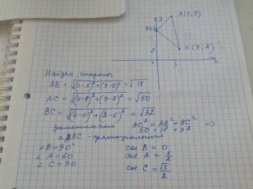 Найдите cos a,cos b,cos c,если а(3; 9) в(0; 6) с(4; 2)