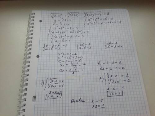 Не можу вирішить завдання! іть! ∛((2-x)^2 )+∛((7+x)^2 )-∛((7+x)(2-x) )=3