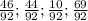 \frac{46}{92} ; \frac{44}{92} ; \frac{10}{92} ; \frac{69}{92}