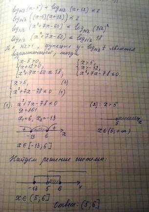 Решите логарифмическое уравнение log_(3√2)(x-5)+log_(3√2)(x+12)< =2