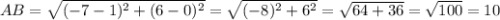 AB= \sqrt{(-7-1)^2+(6-0)^2}= \sqrt{(-8)^2+6^2}= \sqrt{64+36}= \sqrt{100}=10