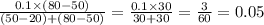 \frac{0.1 \times (80 - 50)}{(50 - 20) + (80 - 50)} = \frac{0.1 \times 30}{30 + 30} = \frac{3}{60} = 0.05