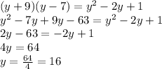 (y+9)(y-7)=y^2-2y+1&#10;\\y^2-7y+9y-63=y^2-2y+1&#10;\\2y-63=-2y+1&#10;\\4y=64&#10;\\y= \frac{64}{4} =16