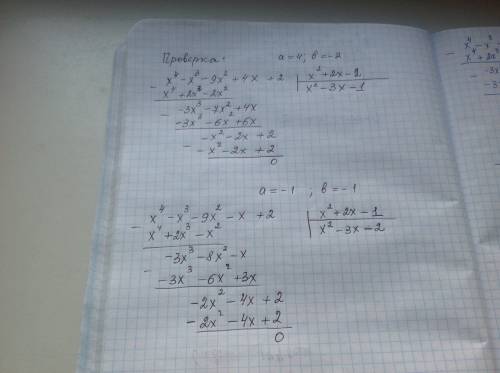 При яких значеннях а і b многочлен x^4-x^3-9x^2+ax+2 ділиться без остачі на x^2+2x+b?