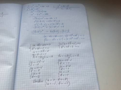 При яких значеннях а і b многочлен x^4-x^3-9x^2+ax+2 ділиться без остачі на x^2+2x+b?