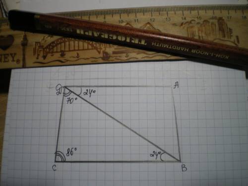 Втрапеции авсд известно , что ав=сд , угол вда=24 градуса и угол вдс = 70 градусов . найдите угол ав