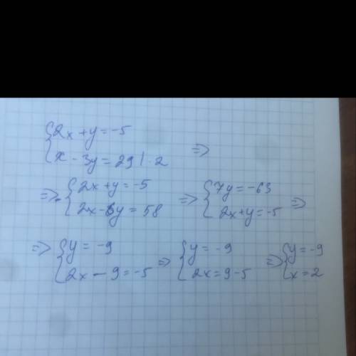 Какая из пар чисел является решение системы уравнения{2x+y=-5 x-3y=29 1(1: -7) 2(-5; 5) 3(2; -9) 4(2