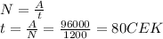 N= \frac{A}{t}\\t= \frac{A}{N}= \frac{96000}{1200}=80 CEK