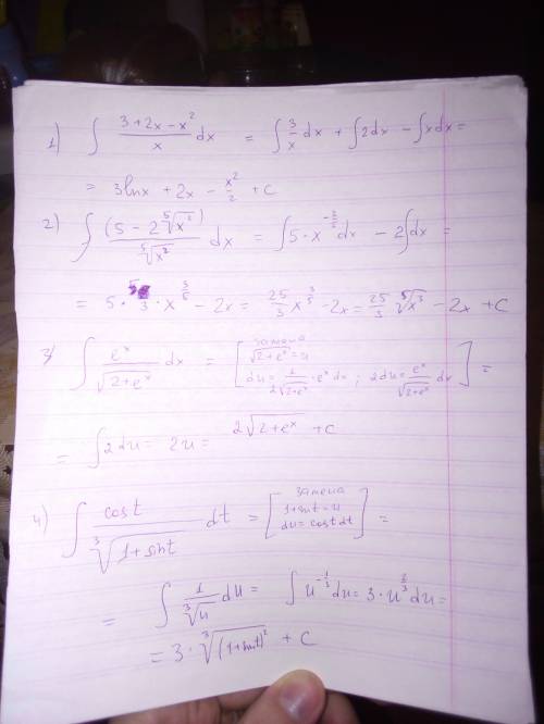 ∫(3+2x-x^2/x)dx , ∫(5-2*корень пятой степень из x^2/корень пятой степени из x^2)*dx, ∫( e^x dx/корен