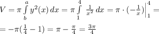 V=\pi \int\limits^a_b {y^2(x)} \, dx =\pi \int\limits^4_1 \; \frac{1}{x^2} \, dx =\pi \cdot (-\frac{1}{x} )\Big |_1^4=\\\\=-\pi ( \frac{1}{4}-1)=\pi -\frac{\pi}{4}= \frac{3\pi }{4}