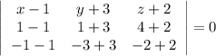 \left|\begin{array}{ccc}x-1&y+3&z+2\\ 1-1&1+3&4+2\\ -1-1&-3+3&-2+2 \end{array}\right|=0