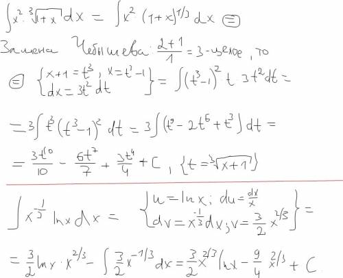 Решить неопределенные интегралы с подробным решением: 1)∫x²·∛(1+x) dx 2)∫lnx/∛x dx