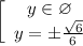 \left[\begin{array}{ccc} y \in \varnothing \\y =б \frac{ \sqrt{6} }{6} \end{array}