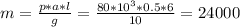 m= \frac{p*a*l}{g}= \frac{80*10^3*0.5*6}{10}=24000