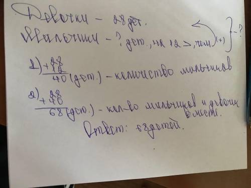 Решите в детском лагере отдыхали 28 девочек а мальчиков на 12 больше. сколько всего детей отдыхало в