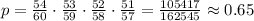 p=\frac{54}{60}\cdot\frac{53}{59}\cdot\frac{52}{58}\cdot\frac{51}{57}=\frac{105417}{162545}\approx0.65