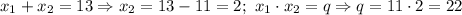 x_1+x_2=13 \Rightarrow x_2=13-11=2;\ x_1\cdot x_2=q\Rightarrow q=11\cdot 2=22