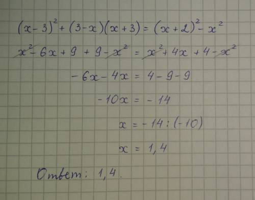 (x-3) в квадрате+(3-x)(x+3)=(x+2) в квадрате - x в квадрате вычислить