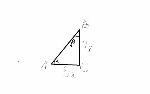Катет относится к гипотинузе как 3 к 7.в треугольнике авс найдите все углы если угол с равен 90°