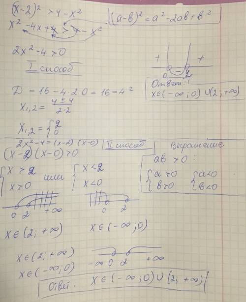 Объясните, , как решать такие неравенства и уравнения. напиши, , алгоритм: (х-2)²> 4-х² отмечу, к