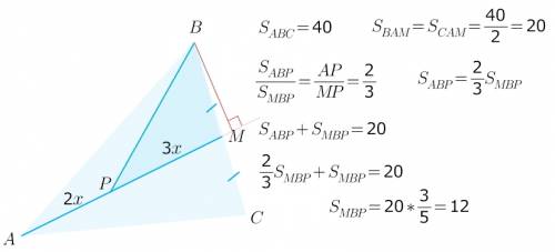 Площадь треугольника abc= 40 см2. на медиане ам поставили точку р так, что ар: рм=2: 3. найти площад