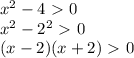 x^2-4\ \textgreater \ 0 \\ x^2-2^2\ \textgreater \ 0 \\ (x-2)(x+2)\ \textgreater \ 0