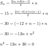 S _{n}= \frac{2a _{1}+d(n-1) }{2}*n\\\\- 15= \frac{2*(-6)+1*(n-1)}{2}*n \\\\-30=(-12+n-1)*n\\\\-30= - 13n + n^{2} \\\\ n^{2} - 13n + 30=0