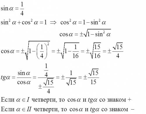 Надо значение косинуса и тангенса, если синус = ¼