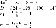 4x^2-18x+8=0 \\ D=324-128=196=14^2 \\ x_1= \frac{18+14}{8}= 4 \\ \\ x_2= \frac{18-14}{8}= \frac{1}{2}