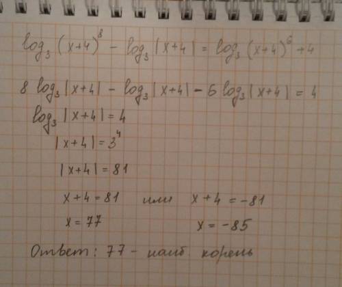 Найти наибольший корень уравнения log((x+4)^8)- log|x+4|=log((x+4)^6)+4 основание 3