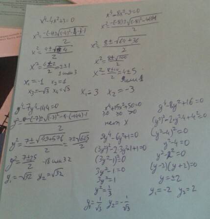 X⁴-4x²+3=0 x⁴-8x²-9=0 y⁴-7y²-144=0 x⁴+15x²+50=0 y⁴-8y²+16=0 9y⁴-6y²+1=0 решите уравнения приводящиес