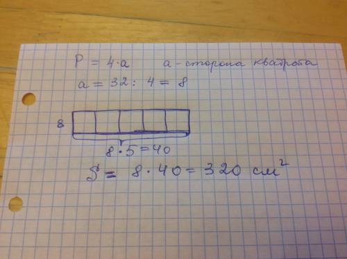 Найдите площадь прямоугольника составленного из 5 квадратов с периметром равным 32