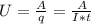 U= \frac{A}{q} = \frac{A}{I*t}